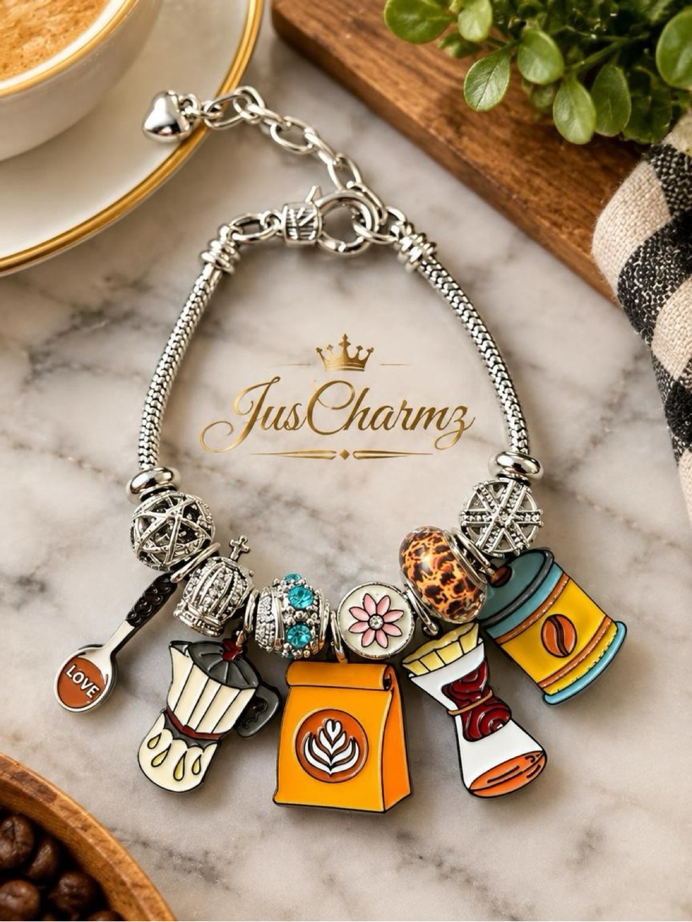 Silver Coffee-Themed Charm Bracelet